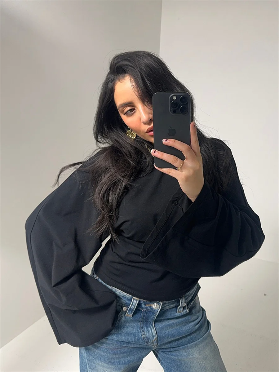 Women Solid Color Round Neck Front Shoulder Wide Long Sleeves Cinched Waist Slim Crop Top Daily Casual Simple Versatile Tops - Image 2