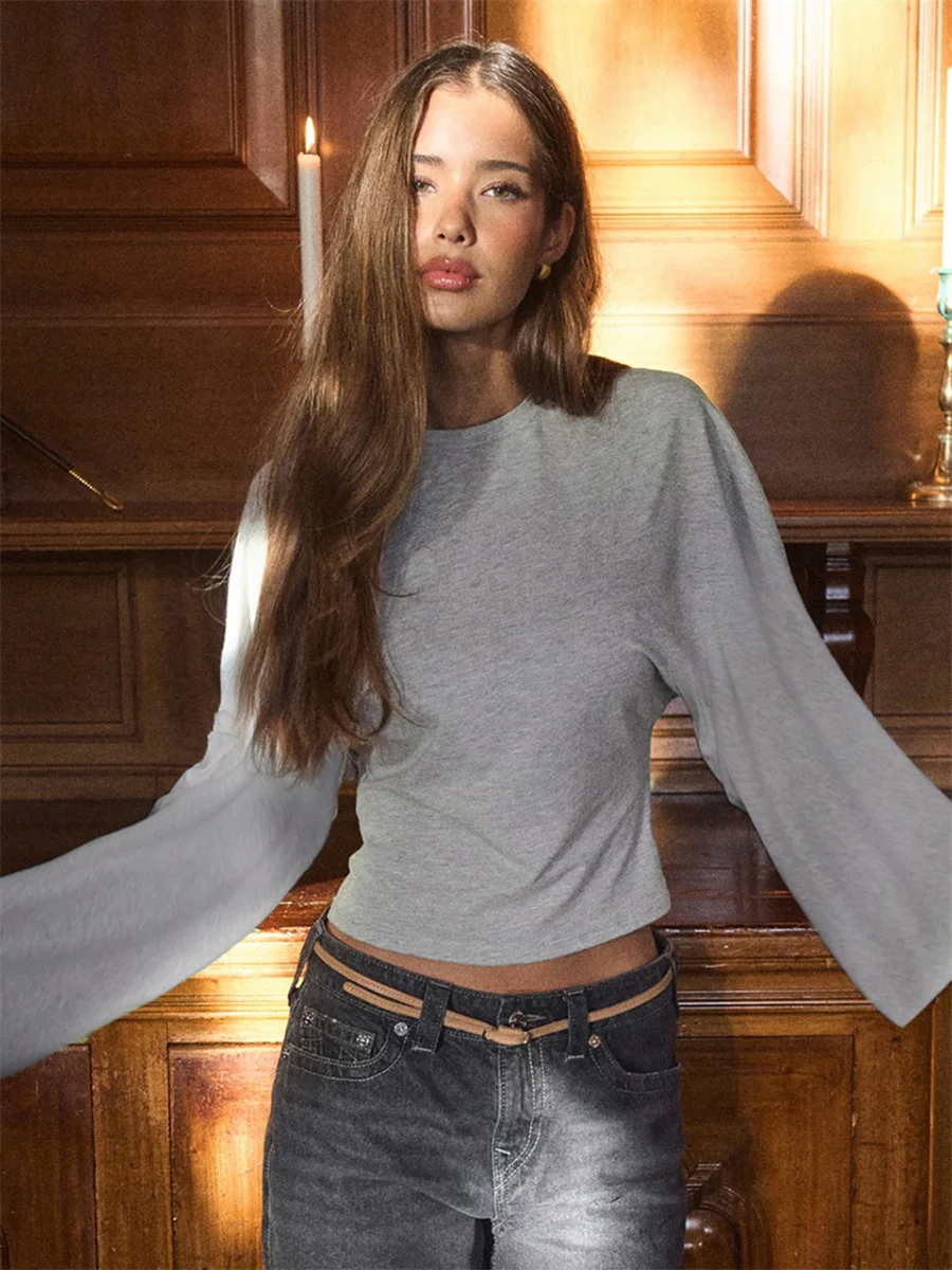 Women Solid Color Round Neck Front Shoulder Wide Long Sleeves Cinched Waist Slim Crop Top Daily Casual Simple Versatile Tops - Image 5