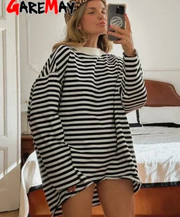 Women's Striped T-shirt 95% Cotton Oversized Black and White Casual Basic Long Sleeve Top Vintage  Casual T-shirts for Women