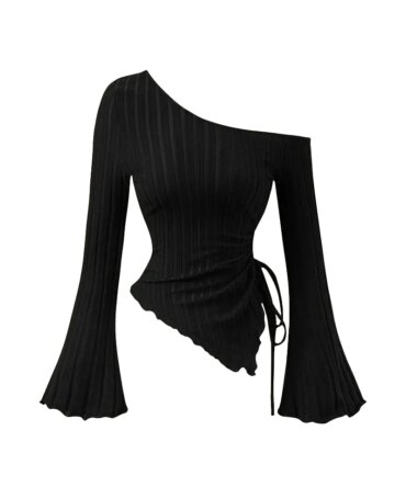 women's New off shoulder cross long sleeved slim fit casual street style asymmetrical elegant T-shirt trumpet sleeve top