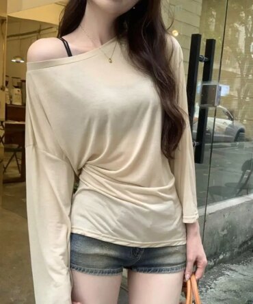  Thin See Through Long sleeve Oversize T shirt Women Bandage Off shoulder Top Female Basic Long Tees Korean Chic Lady New