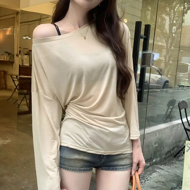 Thin See Through Long sleeve Oversize T shirt Women Bandage Off shoulder Top Female Basic Long Tees Korean Chic Lady New