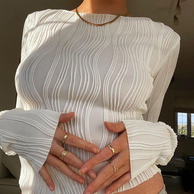 Woman Fashion Casual Ruched Long Sleeve T-shirt Blouses Female White Skinny Cropped Bottoming Shirt 2024 Autumn Y2K Top Clothes - Image 4