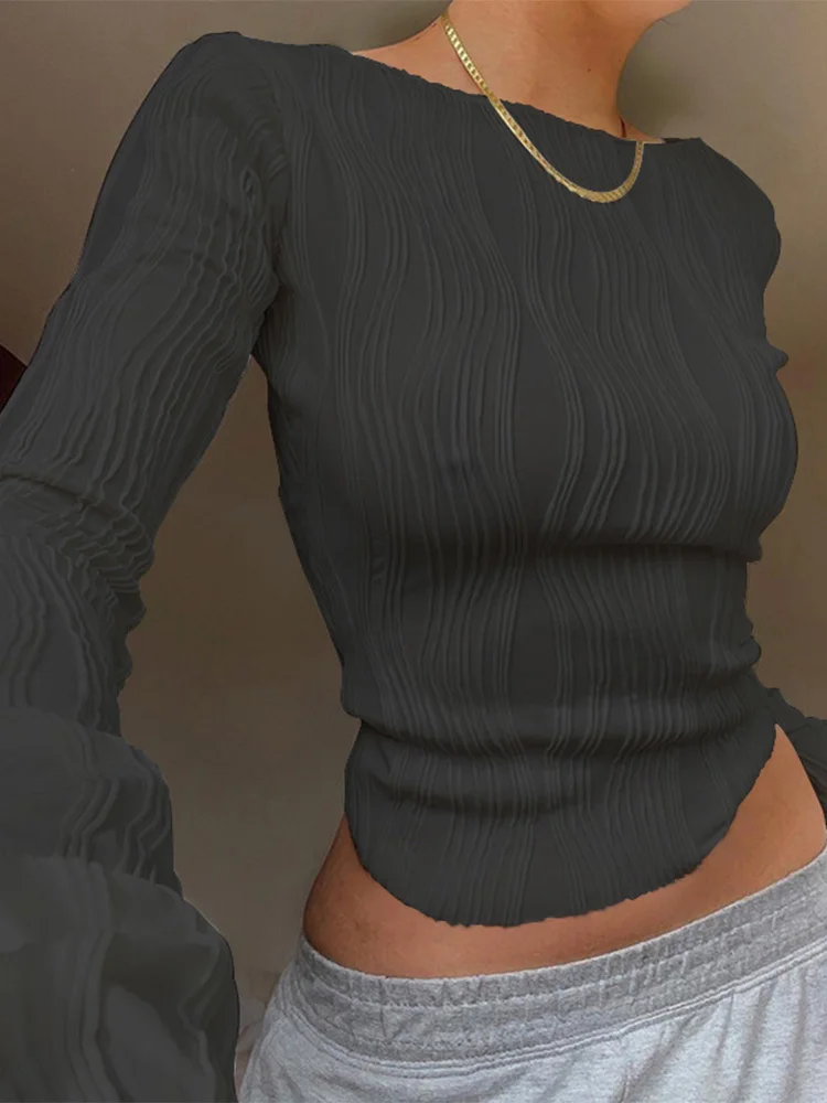 Woman Fashion Casual Ruched Long Sleeve T-shirt Blouses Female White Skinny Cropped Bottoming Shirt 2024 Autumn Y2K Top Clothes - Image 5