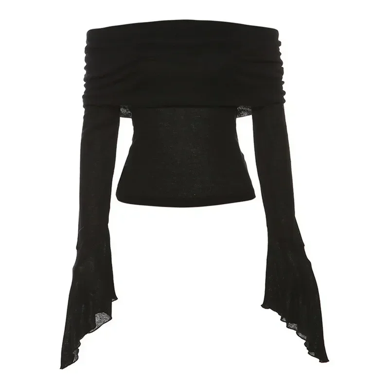 Y2k Aesthetic Simple Fashion Women's Tee Shirts Slash Neck Long Sleeve Solid Casual T-Shirts Vintage Off Shoulder Trendy Tshirts - Image 6