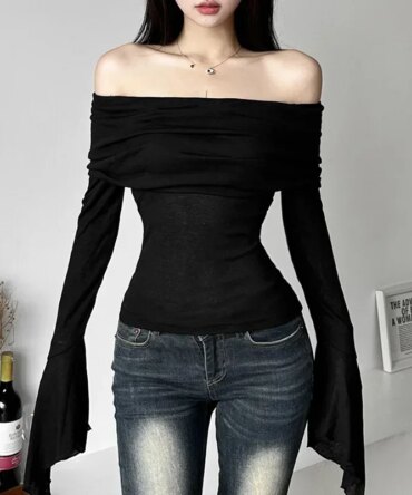 Y2k Aesthetic Simple Fashion Women's Tee Shirts Slash Neck Long Sleeve Solid Casual T-Shirts Vintage Off Shoulder Trendy Tshirts