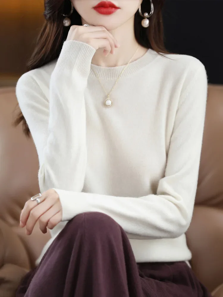 Fashion 100% Merino Wool Women's Sweater O-Neck Long Sleeve Pullover Spring Autumn Winter Basic Jumper Clothing Knitwear Tops - Image 5