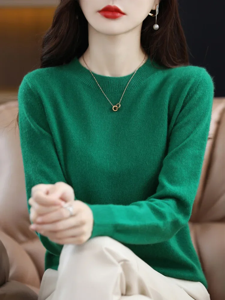 Fashion 100% Merino Wool Women's Sweater O-Neck Long Sleeve Pullover Spring Autumn Winter Basic Jumper Clothing Knitwear Tops - Image 6