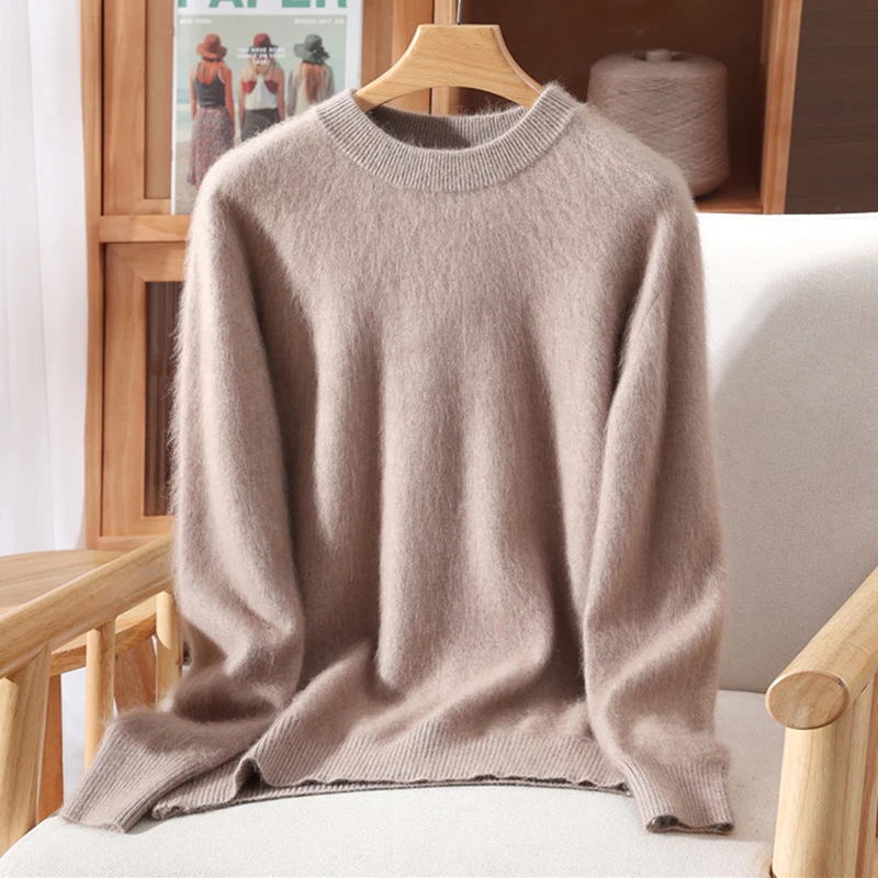 Women's O-Neck Casual Loose Exquisite Soft Warm 100% Mink Cashmere Sweater Autumn Winter Pullover Fashion Solid Clothing Tops