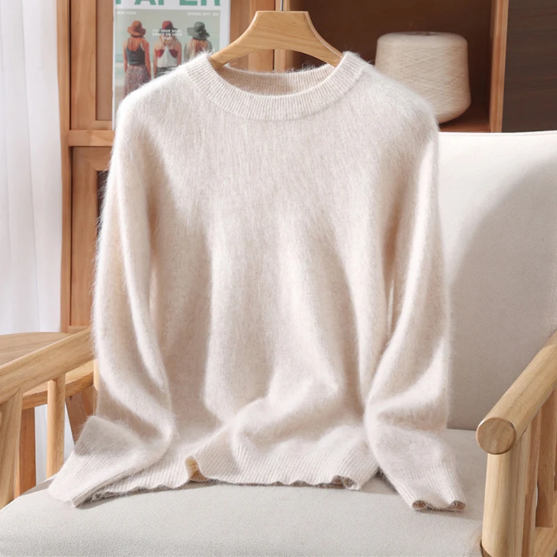 Women's O-Neck Casual Loose Exquisite Soft Warm 100% Mink Cashmere Sweater Autumn Winter Pullover Fashion Solid Clothing Tops