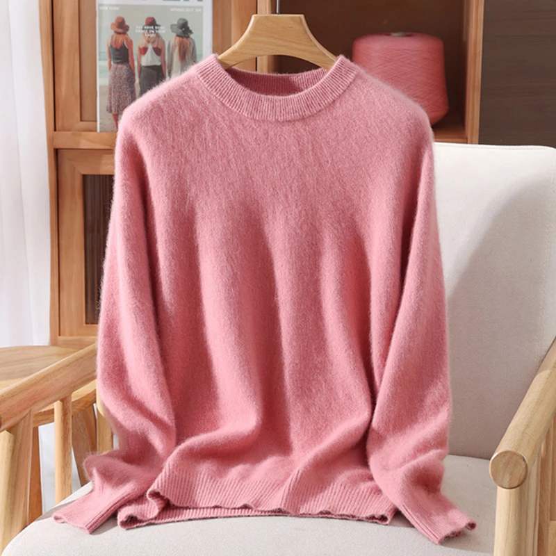 Women's O-Neck Casual Loose Exquisite Soft Warm 100% Mink Cashmere Sweater Autumn Winter Pullover Fashion Solid Clothing Tops