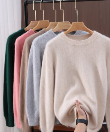 Women's O-Neck Casual Loose Exquisite Soft Warm 100% Mink Cashmere Sweater Autumn Winter Pullover Fashion Solid Clothing Tops