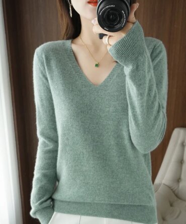 Women's Sweater 2025 Autumn Winter Knitted Pullovers V-neck Slim Fit Bottoming Shirt Solid Soft Knitwear Jumpers Basic Sweaters