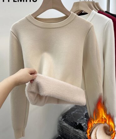 Women's O-neck Plus Velvet Thicken Sweaters Winter Slim Warm Long Sleeve Knitted Tops Casual Plush Fleece Lined Soft Pullover