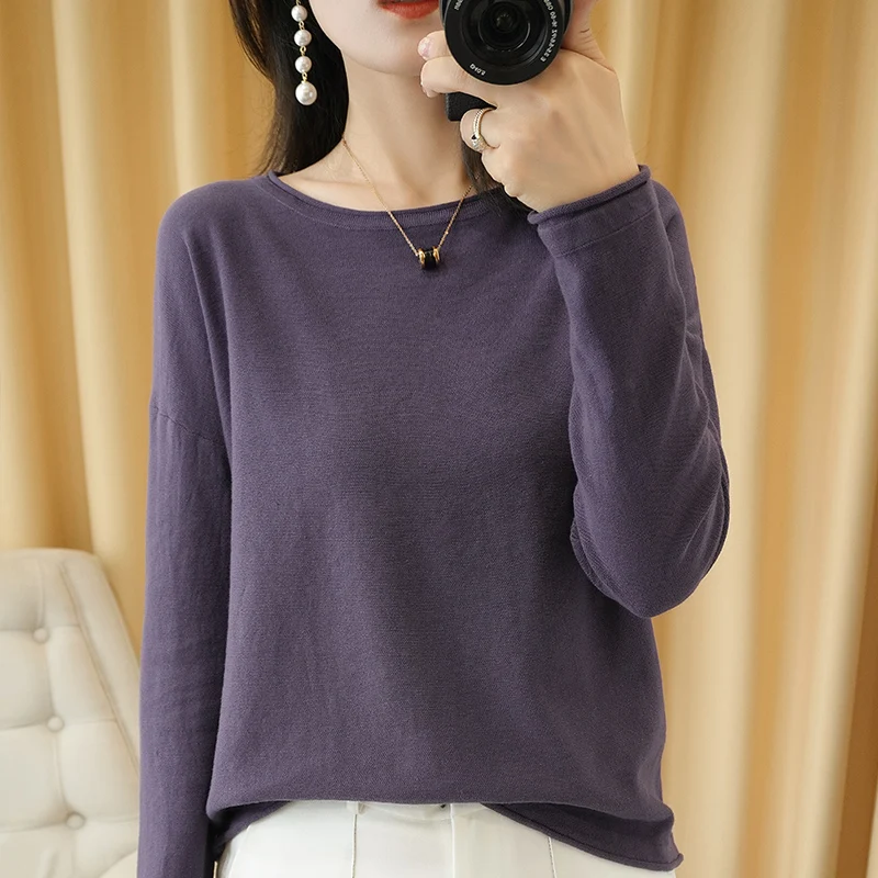 100% Cotton Women Knit Sweater Crimped Edge O-Neck Pullover Bottoming Pure Cotton Sweater Spring Autumn New Tops Clothes - Image 5