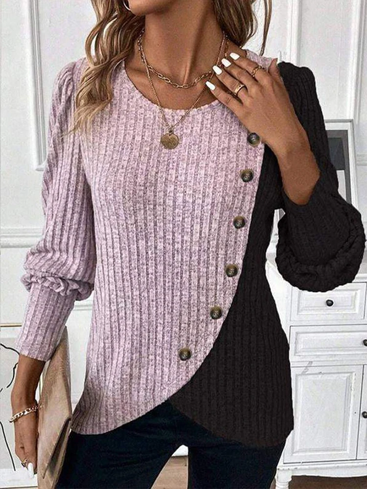 Autumn Long Sleeve Buttons Pit Striped Women Sweaters Contrast Color Long Sleeve O-Neck Pullovers Loose Simple Knitted Clothing - Image 3