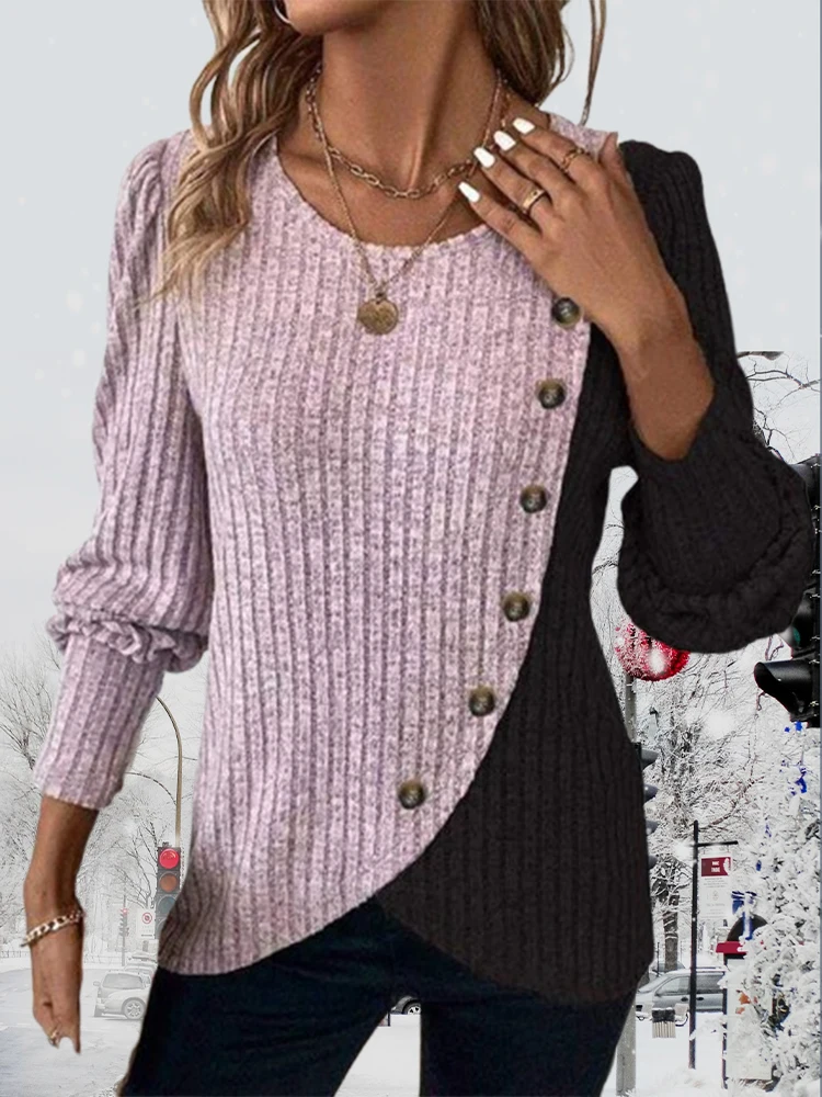 Autumn Long Sleeve Buttons Pit Striped Women Sweaters Contrast Color Long Sleeve O-Neck Pullovers Loose Simple Knitted Clothing - Image 5