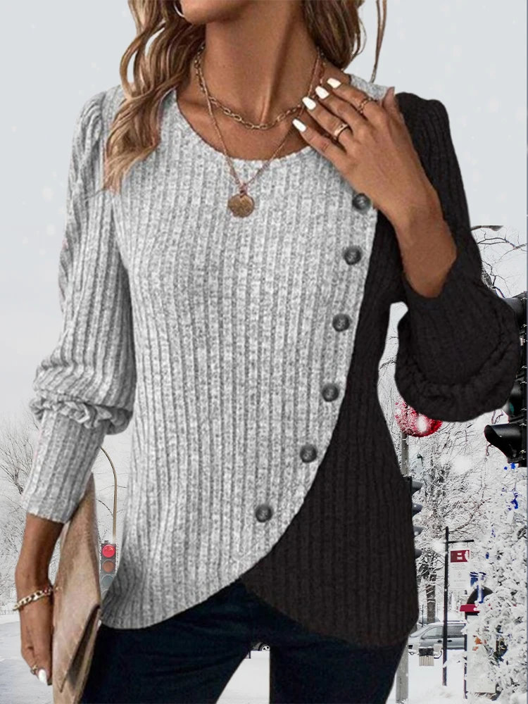 Autumn Long Sleeve Buttons Pit Striped Women Sweaters Contrast Color Long Sleeve O-Neck Pullovers Loose Simple Knitted Clothing - Image 4