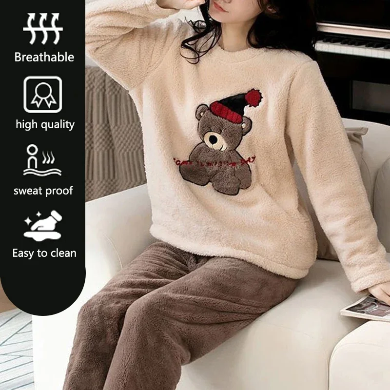 Thickened Warm Large Size Padded Fall and Winter Women's Pajamas Top and Pants Set Coral Velvet Ladies Cartoon Bear 2PCS/Set - Image 5