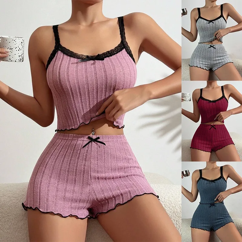 Summer New Womens Ribbed Knit Pajama Set Lace Trim Bow Cami Crop Top Lettuce Hem Shorts Loungewear Sleepwear Cute Soft 2 Piece - Image 6