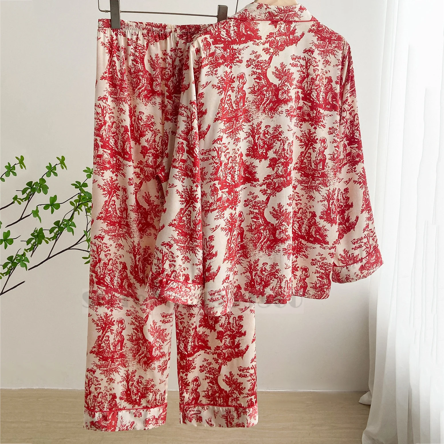 Fashion Print Flower 2PCS Pajamas Set Women Sleepwear Spring Summer Trouser Suits Lounge Wear Loose Satin Homewear Pijamas Suit - Image 4