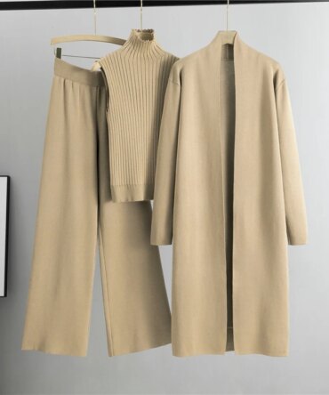 2025 Winter And Autumn Fashionable Elegant Women's Knitted 3-Piece Set cardigan Women's Sweater Women's Wide Leg Pants