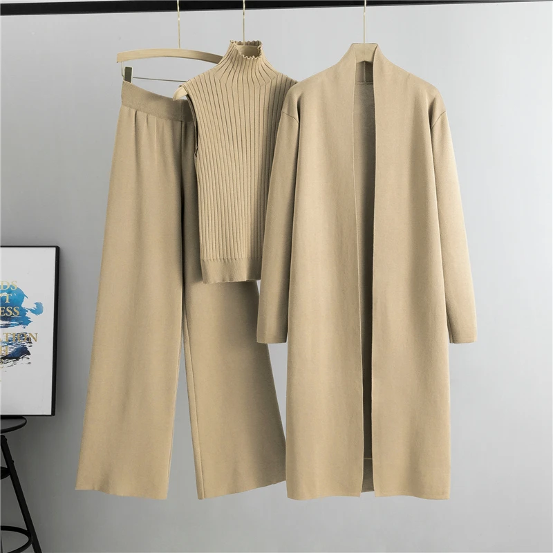 2025 Winter And Autumn Fashionable Elegant Women's Knitted 3-Piece Set cardigan Women's Sweater Women's Wide Leg Pants