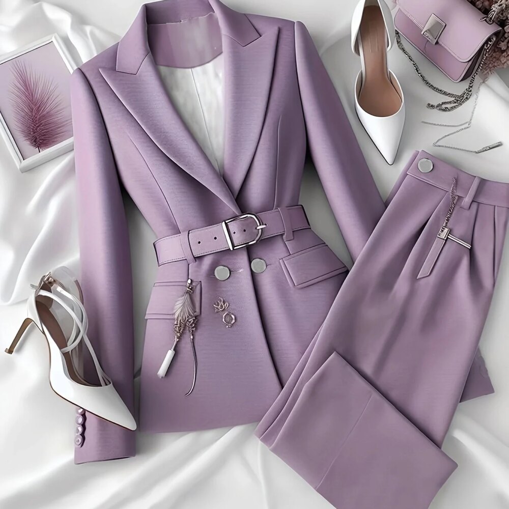 Urban elegant temperament solid color commuter office business suit jacket with belt and long trousers two-piece set, office bus