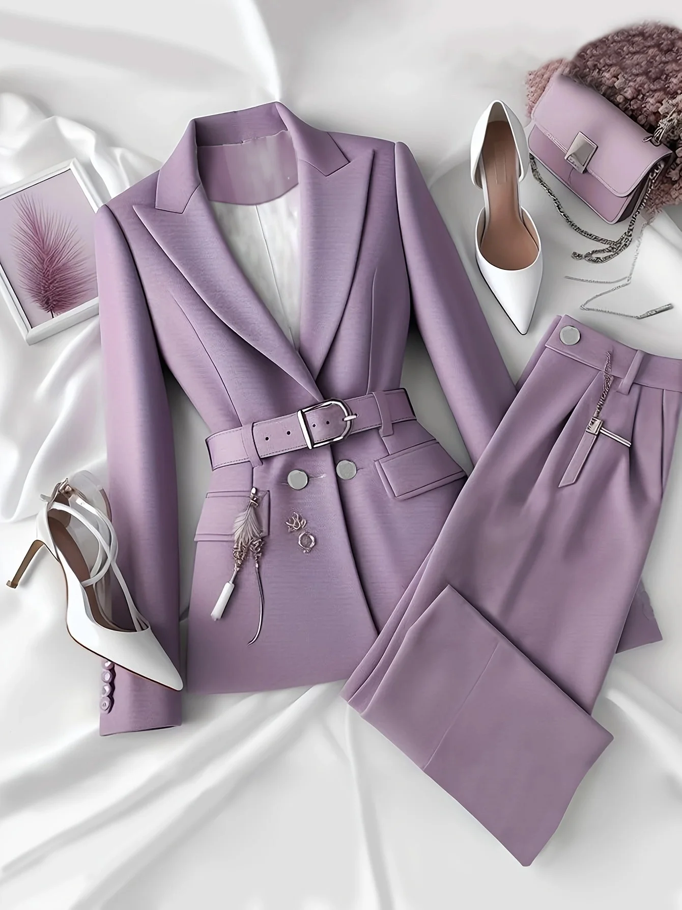 Urban elegant temperament solid color commuter office business suit jacket with belt and long trousers two-piece set, office bus