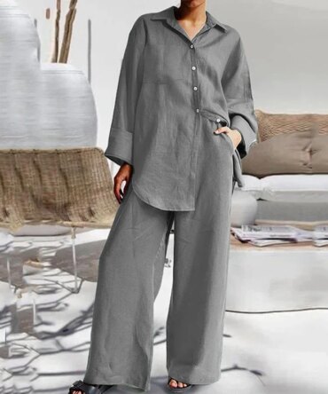 Autumn New Women's Long Sleeve Shirt 2 Piece Set Simple Elegant Solid Color Lapel Single Breasted Shirt Loose Straight Pant Suit