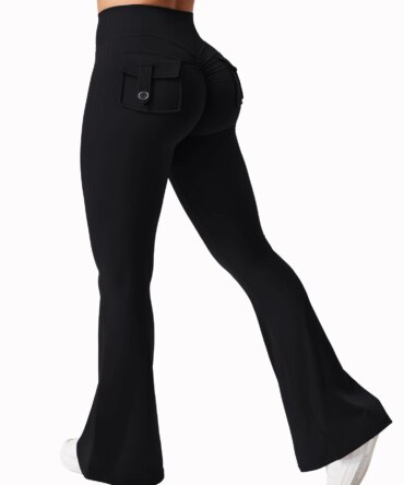 Women's Yoga Flare Trousers, High-Waisted Tummy-Control Wide-Leg Trousers Outdoor Casual Leggings with Pockets, Gym Workout Trou
