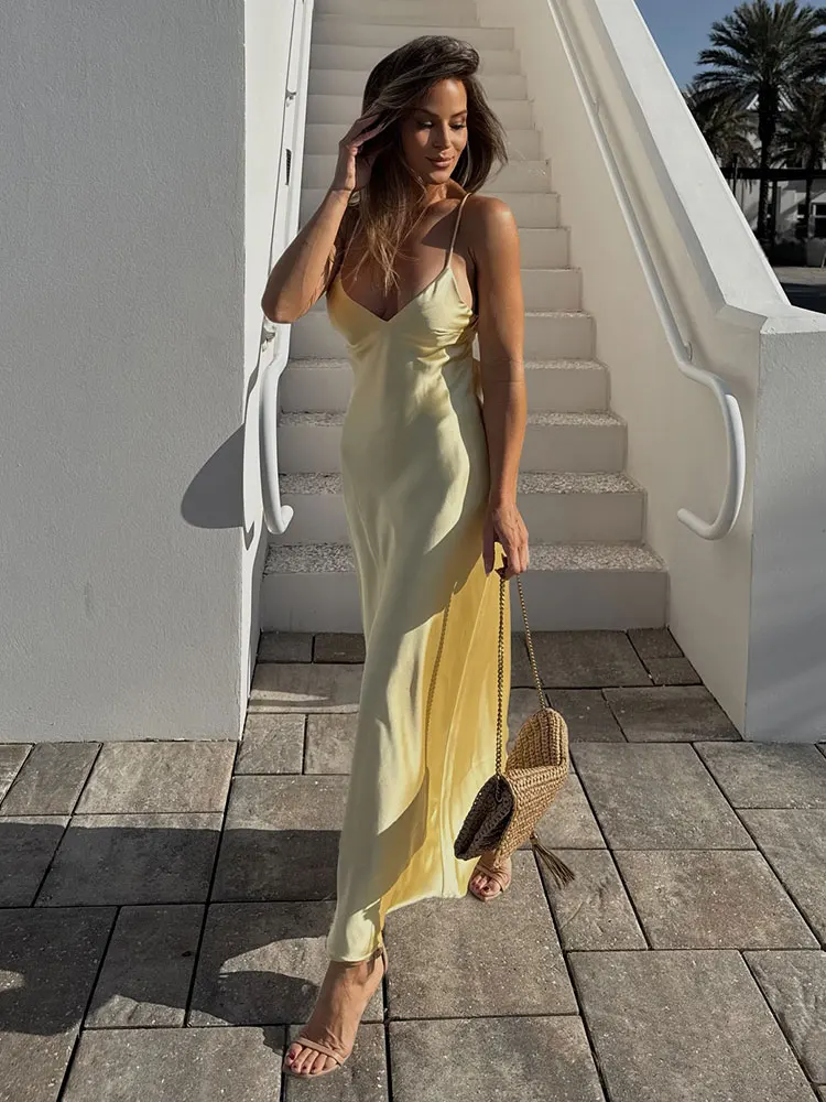 HH Women Summer Yellow Stain V Neck Sling Dress Elegant Sleeveless Loose Maxi Robes 2025 New Ladies Party Holiday Dresses - Image 3
