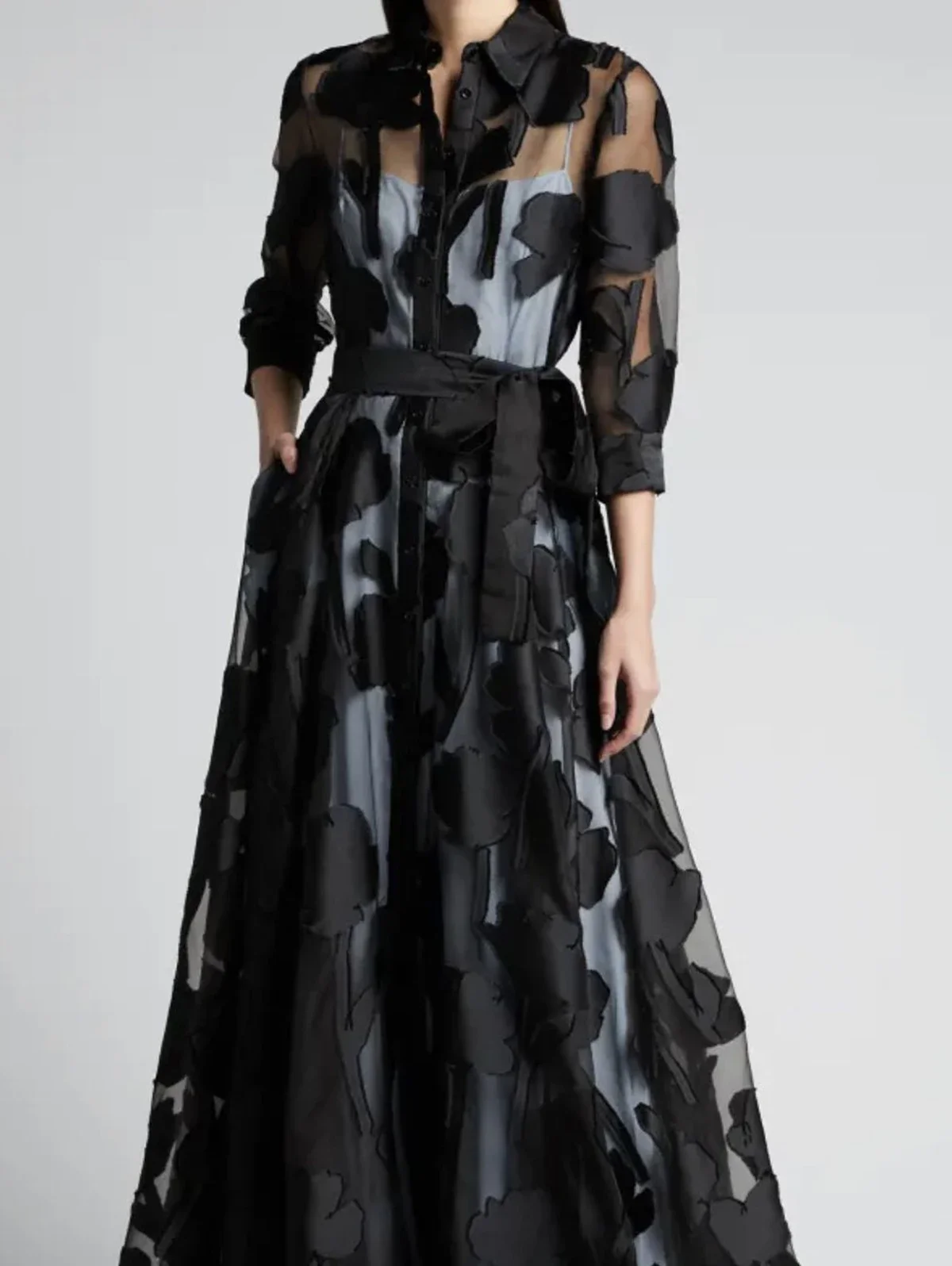 Elegant Three-Quarter Sleeve Knotted Waist Jacquard Mesh Maxi Dress for Women No Lining Transparent Club Party Long Dress - Image 3