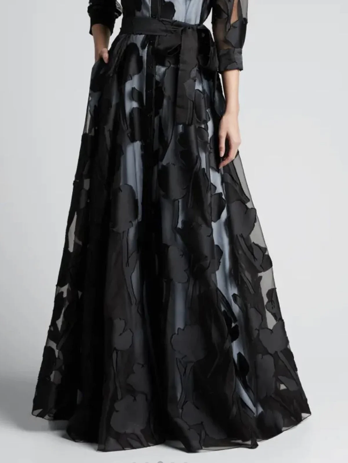 Elegant Three-Quarter Sleeve Knotted Waist Jacquard Mesh Maxi Dress for Women No Lining Transparent Club Party Long Dress - Image 4