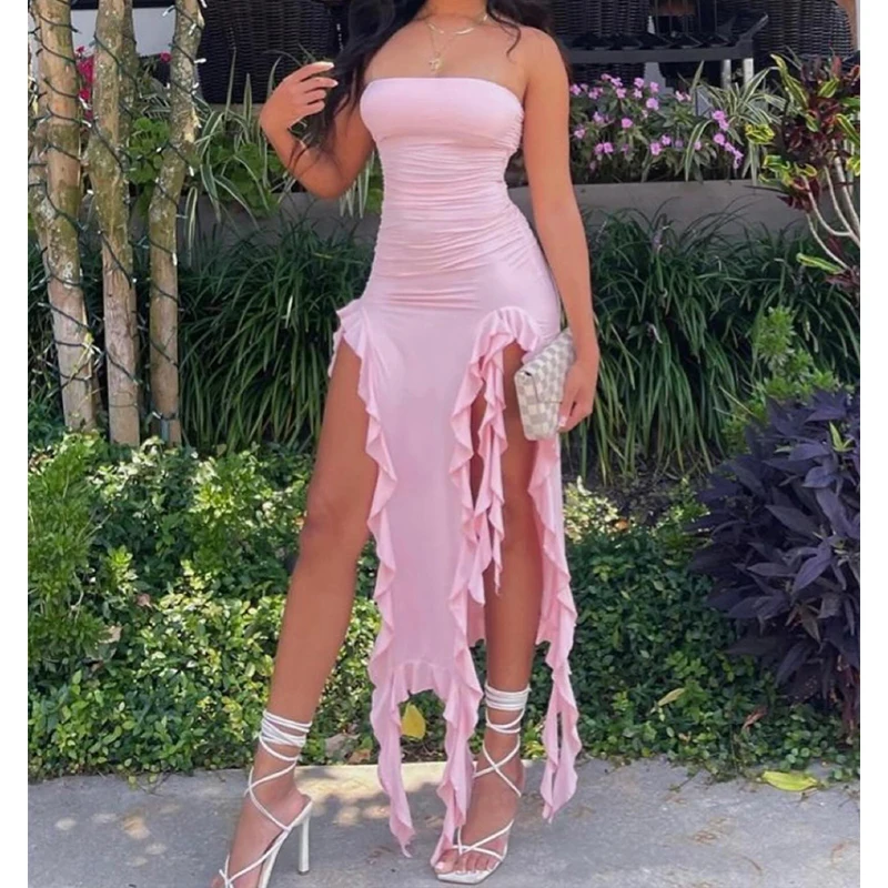 Women Strapless Floral Fold Hemline High Slit Mini Dress 2024 Solid Backless Sleeveless Black And Pink Party Dress Vestidos
