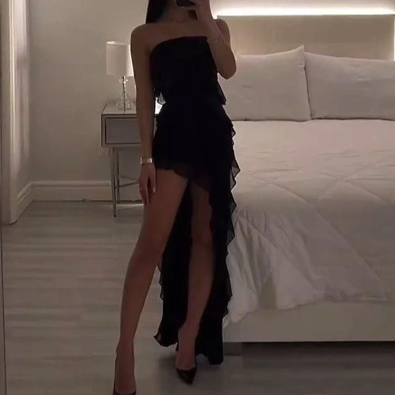 Women Strapless Floral Fold Hemline High Slit Mini Dress 2024 Solid Backless Sleeveless Black And Pink Party Dress Vestidos - Image 4