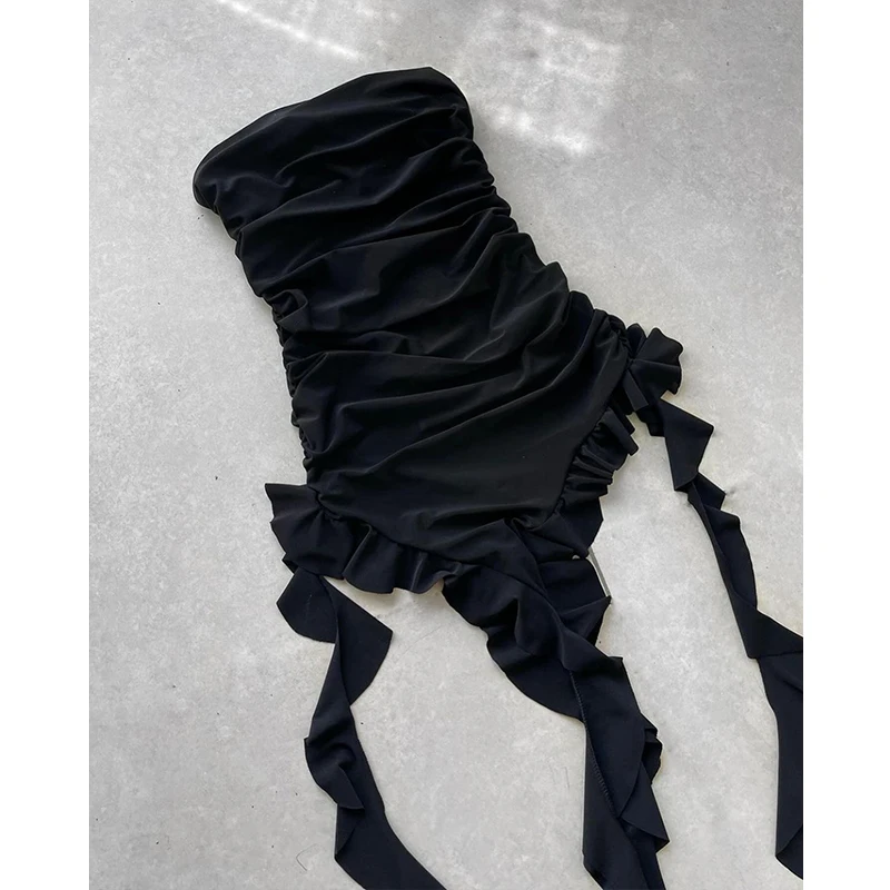 Women Strapless Floral Fold Hemline High Slit Mini Dress 2024 Solid Backless Sleeveless Black And Pink Party Dress Vestidos - Image 5