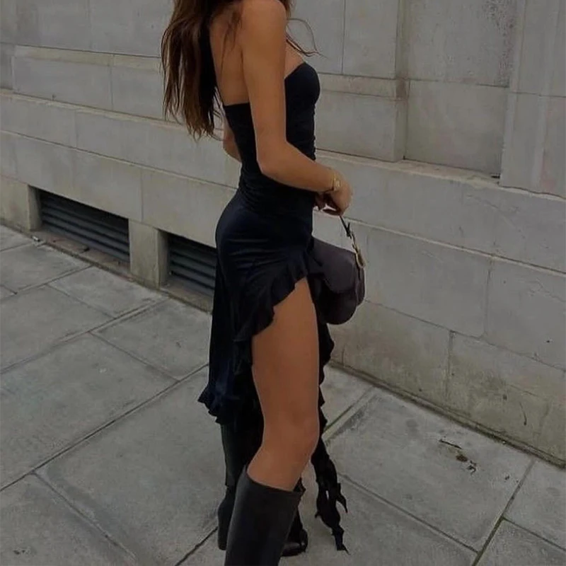 Women Strapless Floral Fold Hemline High Slit Mini Dress 2024 Solid Backless Sleeveless Black And Pink Party Dress Vestidos - Image 3