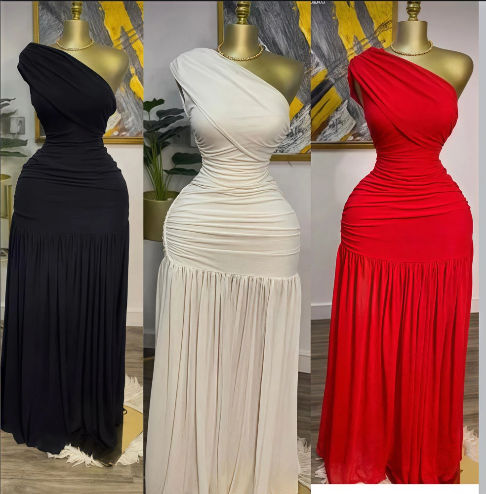 Stylish Evening Club Party Holiday Maxi Dress for Women Elegant Skew Neck One Sleeve Off Shoulder Mesh Slit Long Dresses