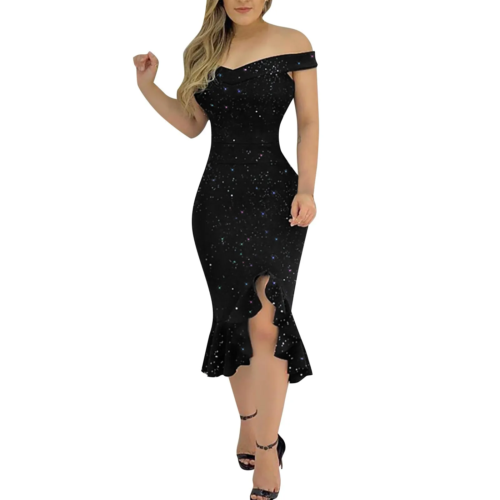 Women's Fashion Summer Off Shoulder Short Sleeve Sequin Ruffle Irregular Dresses elegant women's dresses for party 2024 - Image 3