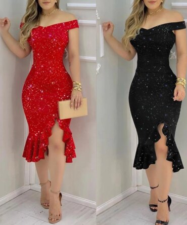 Women's Fashion  Summer Off Shoulder  Short Sleeve Sequin Ruffle Irregular Dresses elegant women's dresses for party 2024