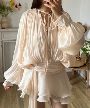 TWOTWINSTYLE Solid Blouse Mini Dresses For Women V Neck Long Sleeve Spliced Lace Up Sweet Style Dress Female Clothing Fashion