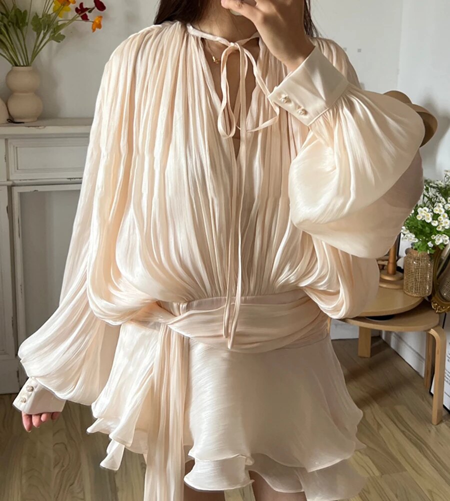 TWOTWINSTYLE Solid Blouse Mini Dresses For Women V Neck Long Sleeve Spliced Lace Up Sweet Style Dress Female Clothing Fashion