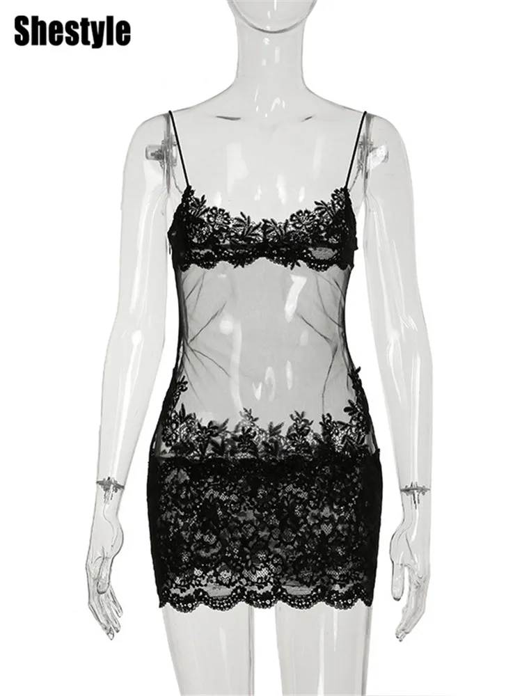 Shestyle Lace Transparent Mini Dress Women Wrapping Spaghetti Embroidery Flower Sheath Nightwear Club Mesh Wave Fantacy - Image 6