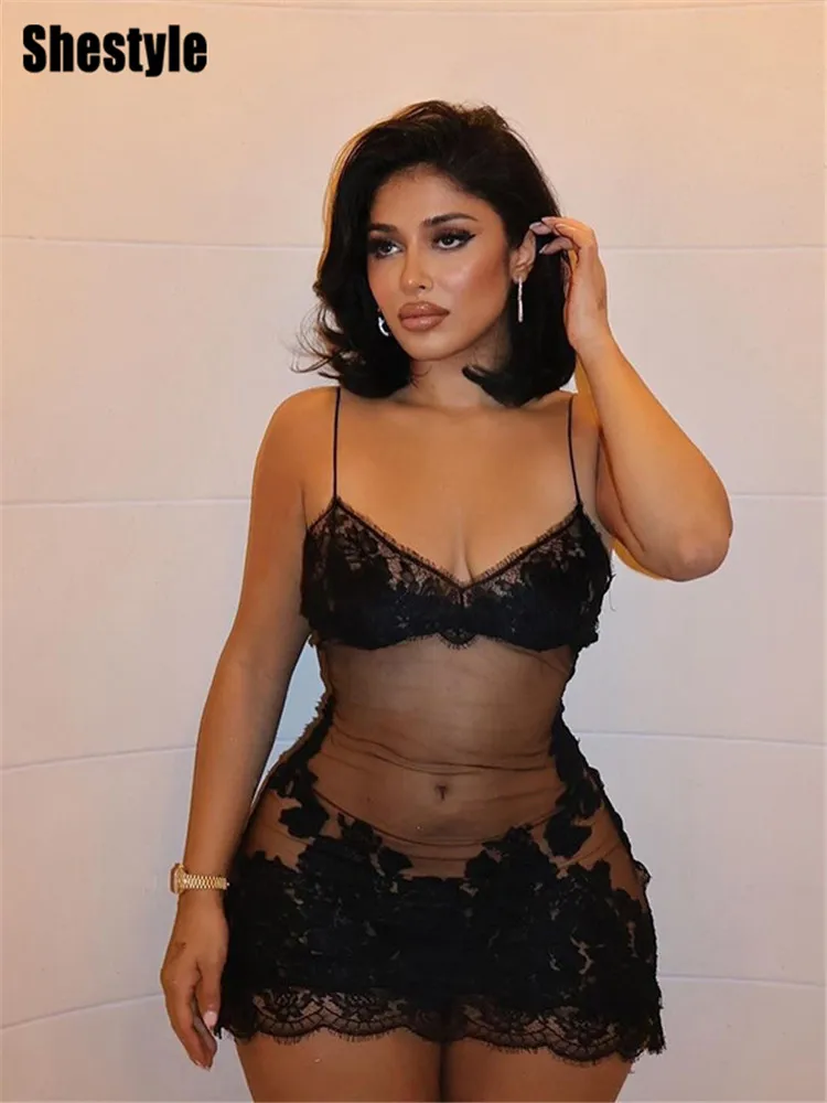Shestyle Lace Transparent Mini Dress Women Wrapping Spaghetti Embroidery Flower Sheath Nightwear Club Mesh Wave Fantacy - Image 5