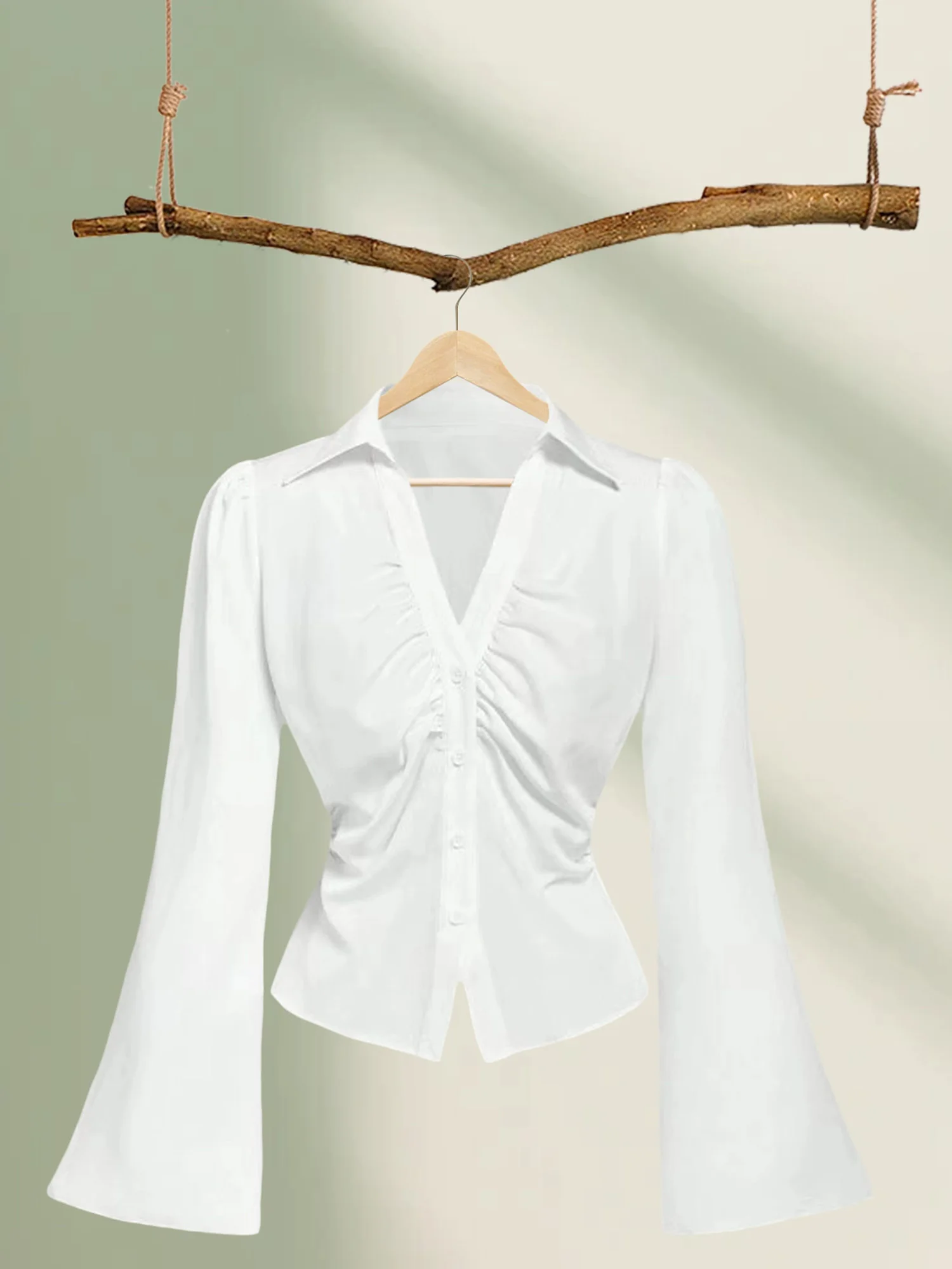 Women s Elegant Ruffle Sleeve Blouse Solid Color Lapel V-Neck Button Down Casual Shirt Spring Fall Fashion Tops - Image 4