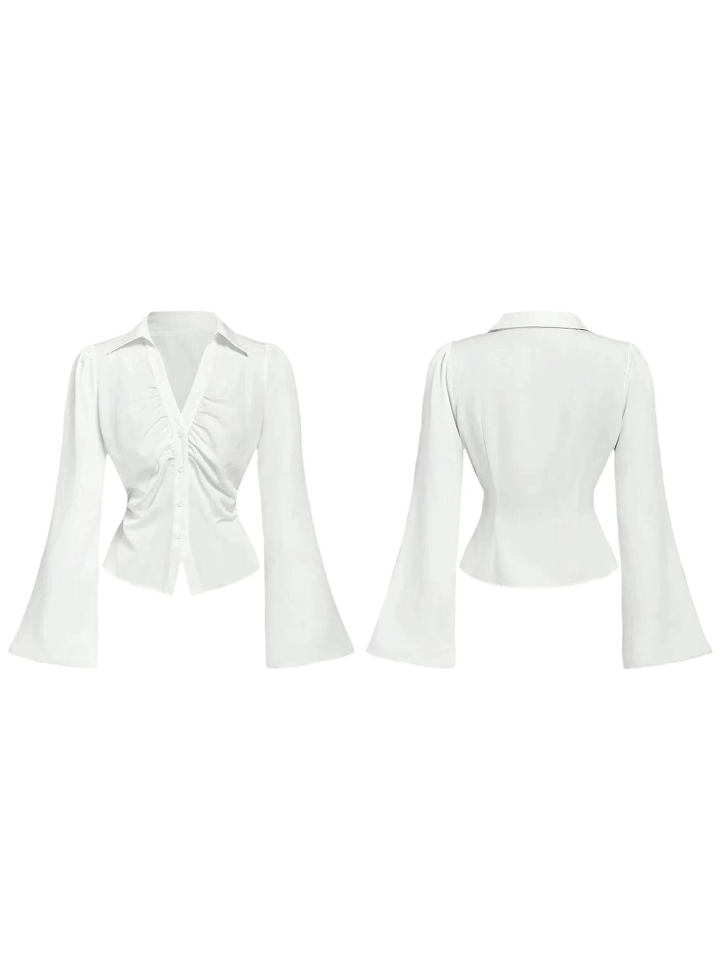 Women s Elegant Ruffle Sleeve Blouse Solid Color Lapel V-Neck Button Down Casual Shirt Spring Fall Fashion Tops - Image 2