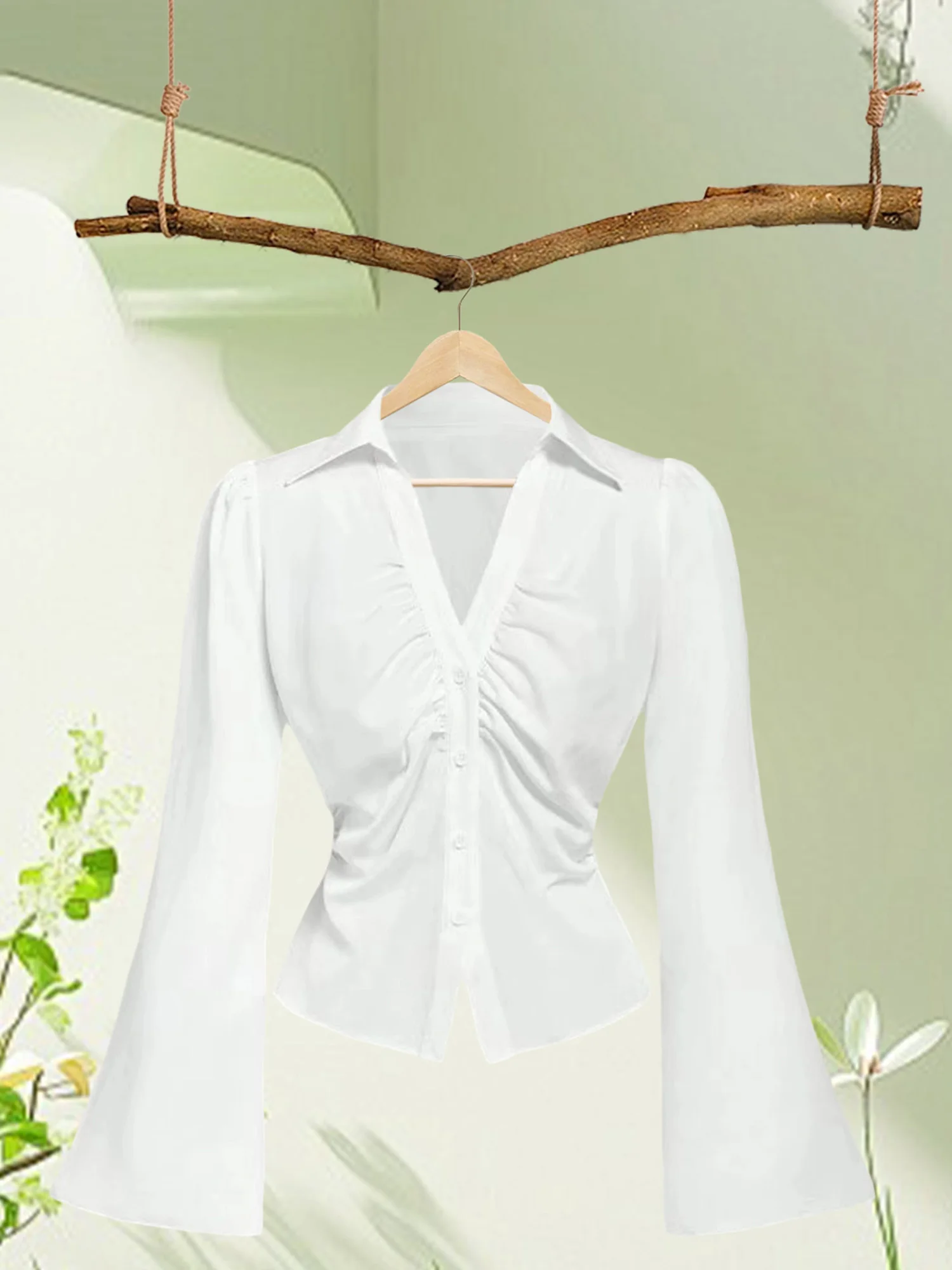 Women s Elegant Ruffle Sleeve Blouse Solid Color Lapel V-Neck Button Down Casual Shirt Spring Fall Fashion Tops - Image 3