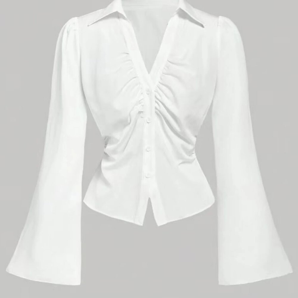 Women s Elegant Ruffle Sleeve Blouse Solid Color Lapel V-Neck Button Down Casual Shirt Spring Fall Fashion Tops