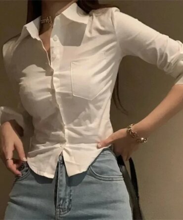 2025 Spring Commuter Long Sleeve New Female Crop Tops Korean White Office Women Chiffon Shirt Pocket Button Lapel Ladies Blouse